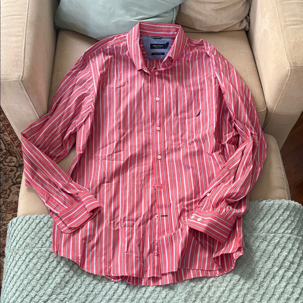 Nautica Classic Fit Coral Striped Men's Shirt